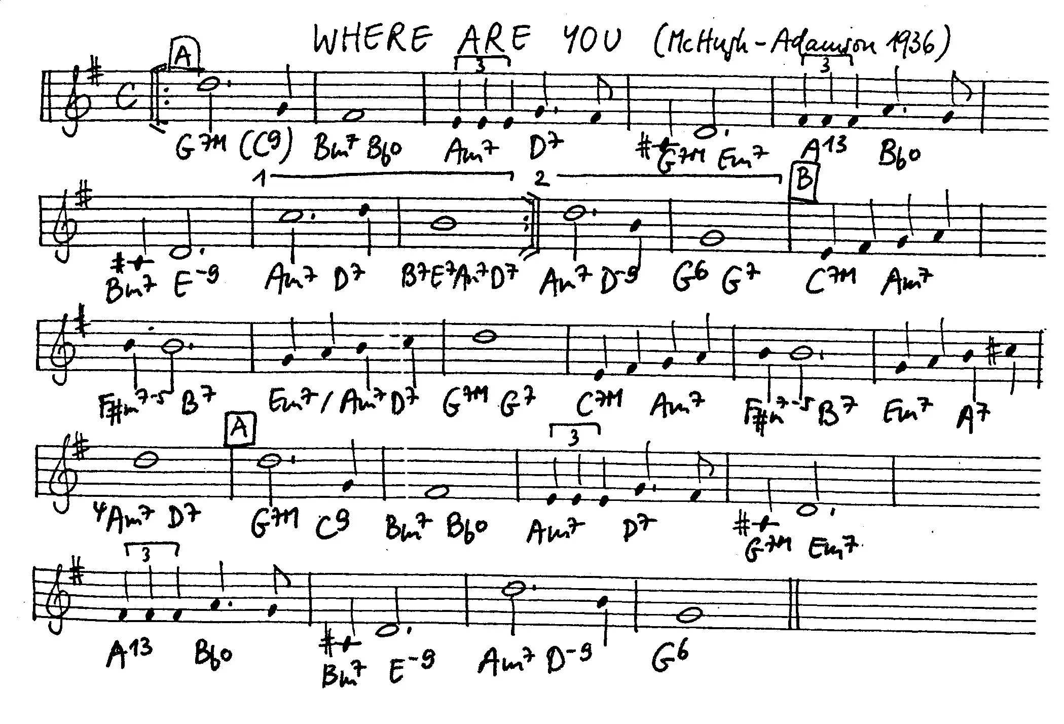 where are you. Free Jazz Leadsheet, courtesy of The Jungle Jazz Band